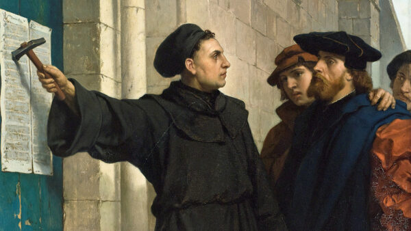 Martin Luther přibíjí svých 95 tezí na dveře zámeckého kostela ve Wittenbergu v roce 1517 (Ferdinand Pauwels)