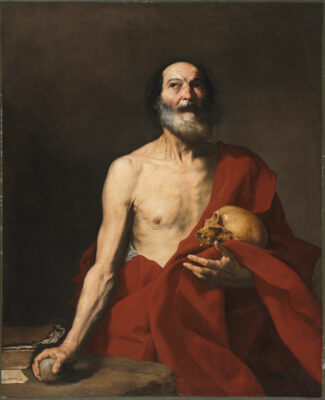 Sv. Jeroným (Jusepe de Ribera, 1640). Lebka odkazuje k nevyhnutelnosti smrti, kámen symbolizuje asketický způsob světcova života.